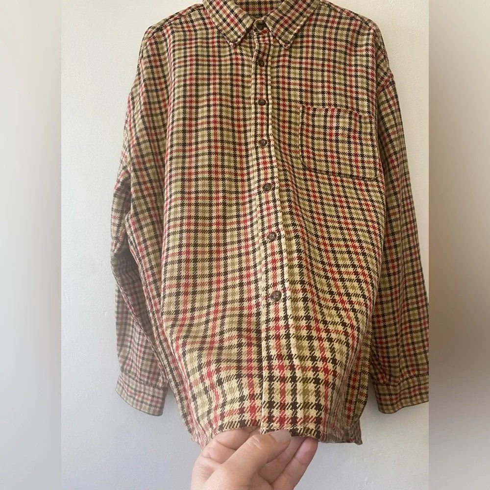 J.Crew Men’s XL Plaid Button-Up Shirt – Red Beige Black Check 100% Cotton